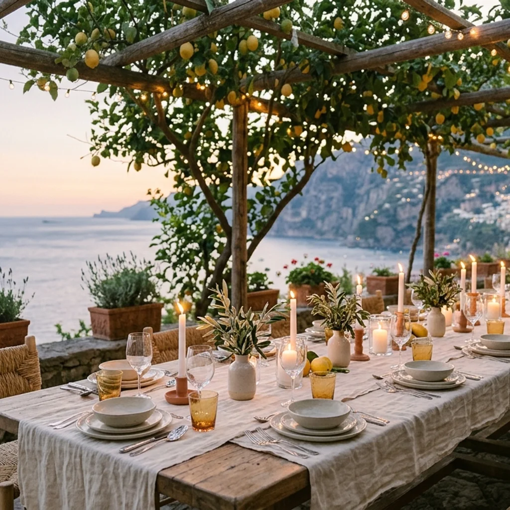 A long table under a pergola set for dinner above the bay