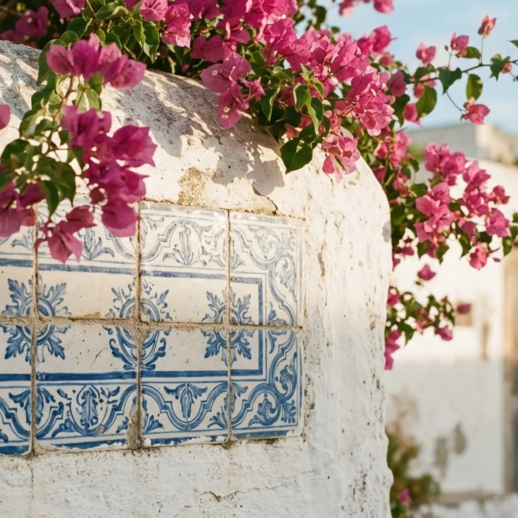 Blue-and-white majolica tiles and bougainvillea against a whitewashed wall