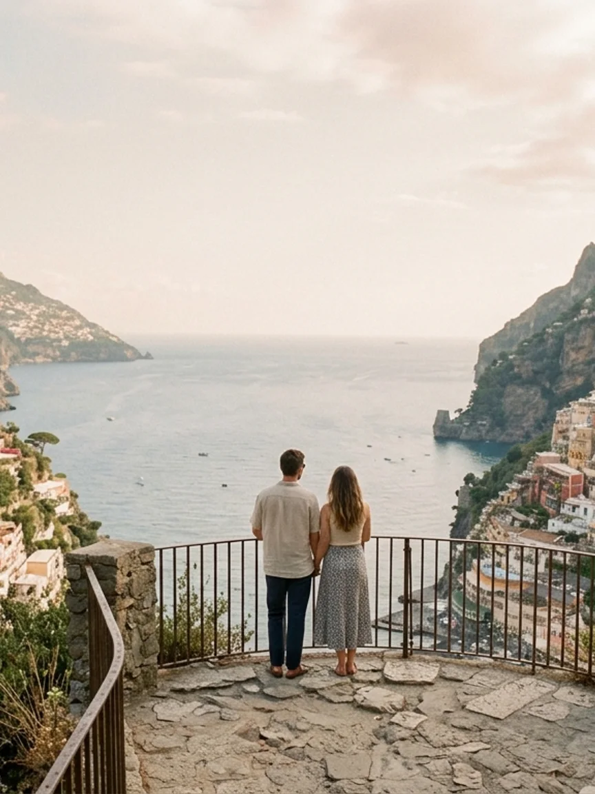Laura and Daniel at a cliff overlook above Positano