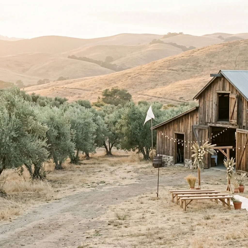Rows of olive trees in late golden light