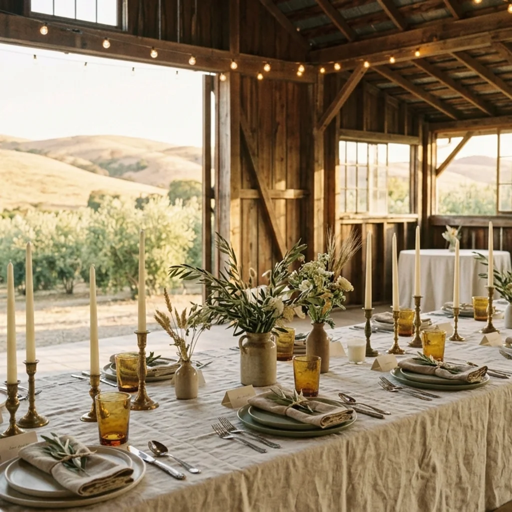 A long linen table set under string lights