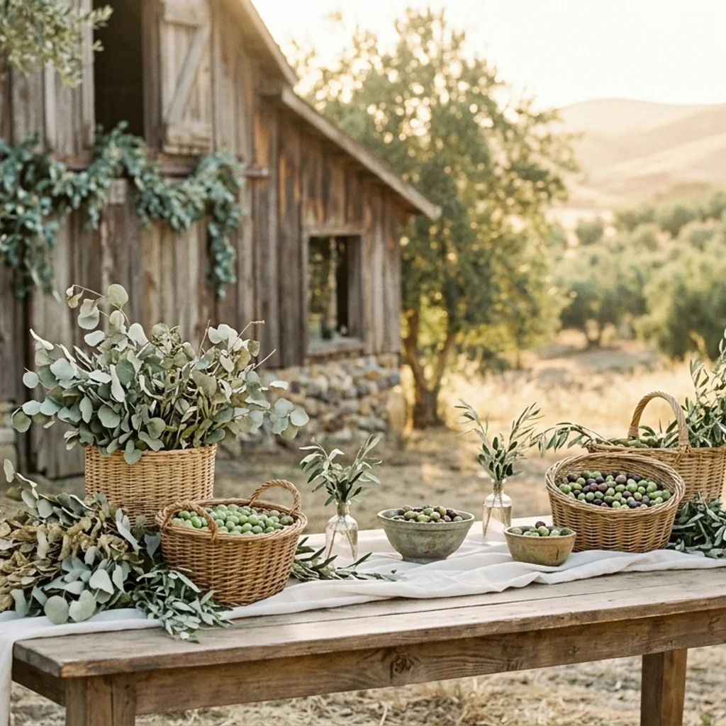 Baskets of olives and eucalyptus at the farm stand