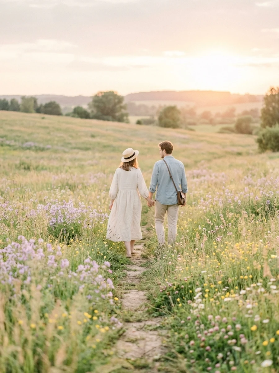 Eliza and Benjamin walking through a meadow